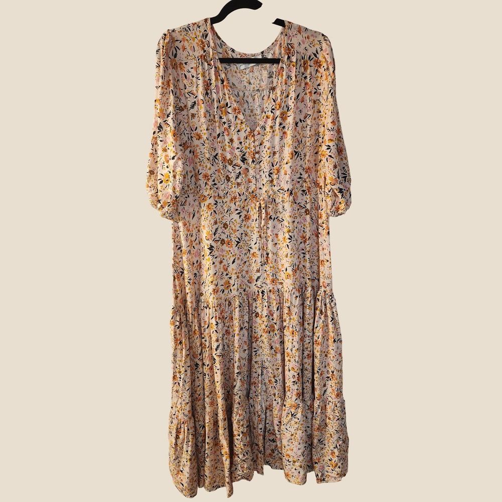 Petal + Pup Floral Tiered Midi Dress XL Cream Boho Cottagecore Garden Party